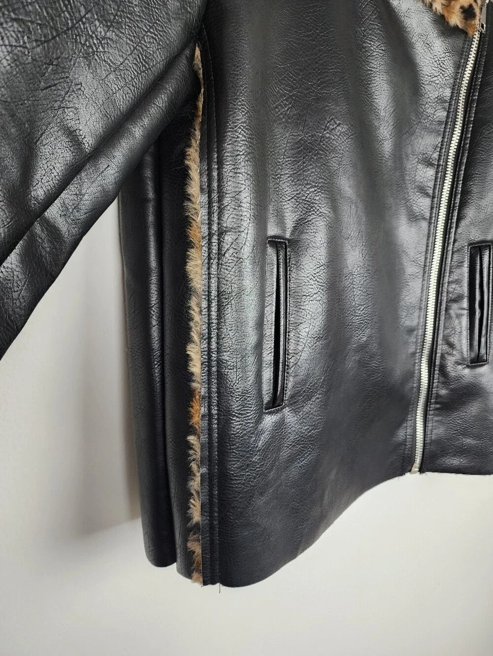 Black Faux Leather Moto Jacket with Leopard Faux Fur Accent